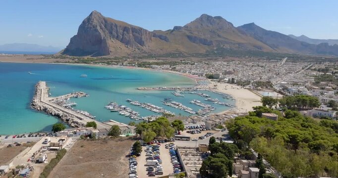 Aerial view of San Vito Lo Capo, a tourist destination in province of Trapani, Sicily, Italy. It has a beautiful beach overlooking the Mediterranean Sea, visited by tourists every summer.