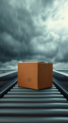 A cardboard box sits on a conveyor belt under a stormy sky. Dark clouds loom overhead, creating a dramatic atmosphere