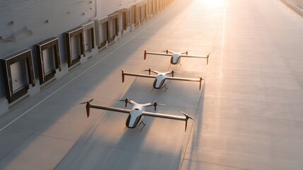 delivery drones docked at an outdoor charging station beside a warehouse
