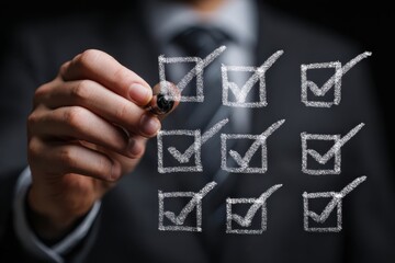 Fototapeta premium Checkbox Grid Marking Completion Hand Sharp Suit Professional Task Approval Business Agreement Compliance Close-Up Concept Planning Strategy Checklist Execution