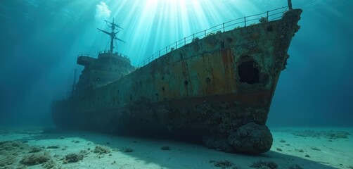 Old rusty shipwreck rests on sandy ocean floor. Clear blue water, sun rays pierce surface. Coral covers hull. Vessel broken, abandoned underwater. Deep sea mystery, historical maritime site for