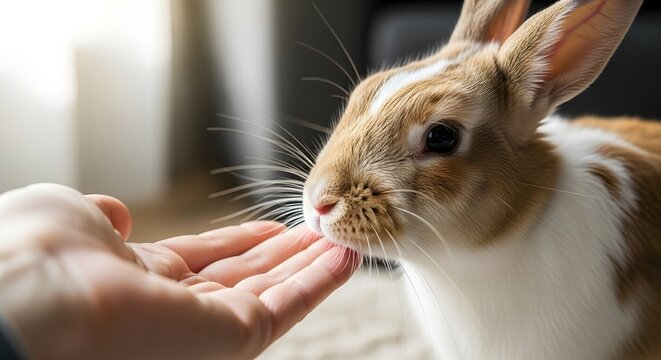 Pet rabbit nuzzling human hand connection close up portrait indoor