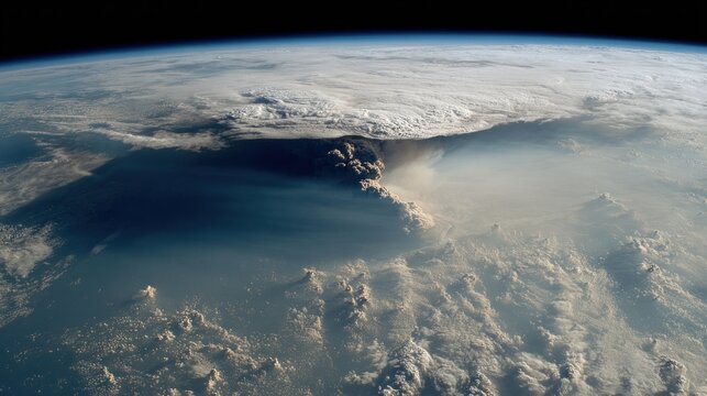 Earth's curve with vast clouds, shadows, and haze seen from space