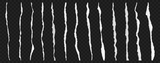 Realistic textured torn paper edges. Set of realistic ripped edges of paper of different shapes and sizes. Cardboard torn strips of white colors at transparent background. Vector.