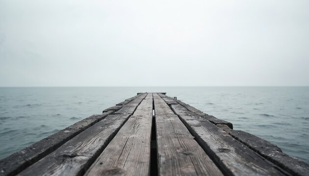 Old wooden pier extends over calm grey sea towards horizon. Empty overcast day at quiet water shoreline. Natural landscape path leads to ocean surface.