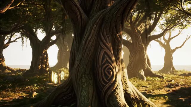 Video Mystical forest landscape with ancient trees and glowing runestones