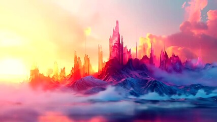 Spires of a fantastical city rising from turbulent, colorful terrain under a dramatic sky