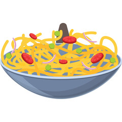 A close up of a bowl of spaghetti with red sausage slices and green peas against a transparent...