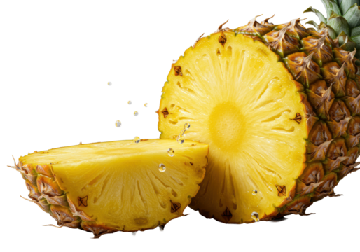 Photorealistic macro close-up of a freshly cut golden pineapple, sliced with offset halves, revealing glistening yellow flesh and oozing juice on a transparent background, concept of extreme freshness