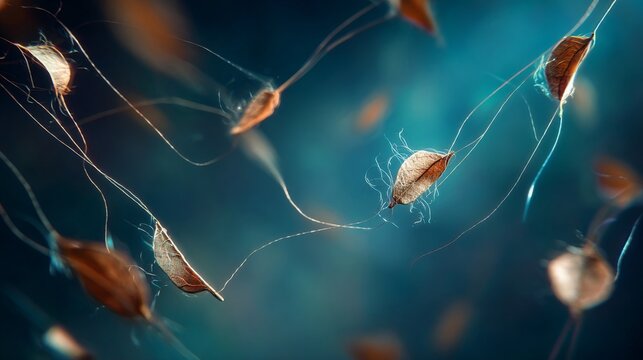 Close-up of several floating seed pods with delicate, stringy appendages against a blurred teal background - Powered by Adobe