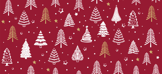 Christmas tree pattern on red background, Hand drawn illustrations.	
