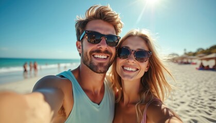 Obraz premium Happy young couple takes selfie on sunny beach. Wear stylish sunglasses, big smiles, enjoying fun vacation. Blue ocean, warm sand, distant people. Perfect summer travel photo captures truly great,