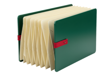 Isolated green expanding file folder with red band for keeping documents and papers organized