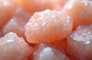 Fototapeta premium Close up photo pink Himalayan salt crystals. Texture of raw mineral ingredient for healthy cooking. Natural seasoning macro shot in studio. Salt grains background
