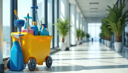 Bright sunny office hallway with cleaning cart. Yellow janitorial cart with bottles tools. Maintenance supplies near window. Professional cleaning service concept. Workplace hygiene cleanliness