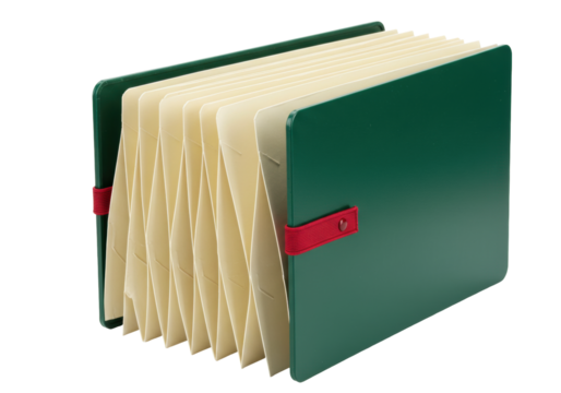 Isolated green expanding file folder with red band for keeping documents and papers organized
