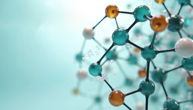 3D render shows abstract molecular structure. Bright colored spheres represent atoms connected via black chemical bonds. Science illustration represents bio tech, chemistry research, data. Intricate - Powered by Adobe