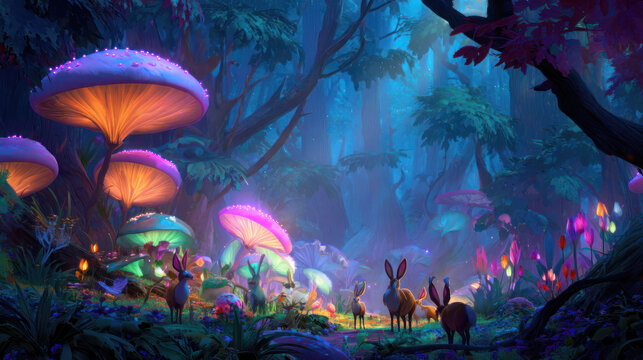 Fantasy landscape featuring luminous mushrooms and rabbits in a stylized dark forest