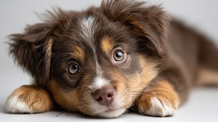Adorable Puppy Portrait Brown and White Aussie Puppy with Gentle Eyes.
