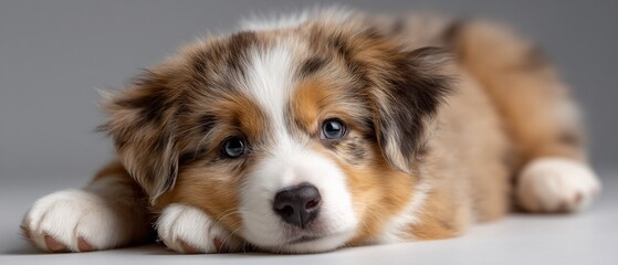 Adorable Puppy Resting CloseUp of Australian Shepherd with Piercing Blue Eyes.