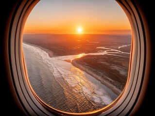 Aerial Sunset View Through Airplane Window Golden Beach Ocean and Sky.