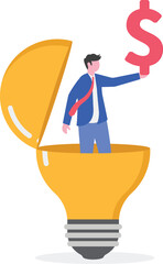 Businessman holding a glowing light bulb with a dollar sign symbolizing innovative financial ideas for business investment management
