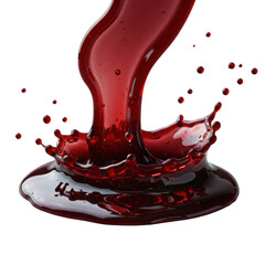 Deep crimson, glossy dark cherry reduction oozing, pooling decadent droplets with syrupy consistency, dynamic splatter, chiaroscuro lighting on transparent. Concept of culinary decadence