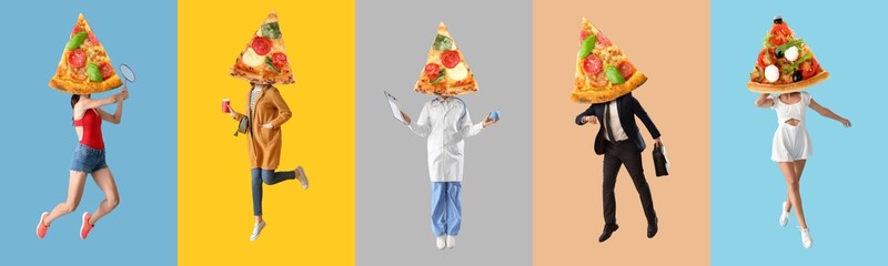 Set of people with tasty pizza slices instead of heads on color background