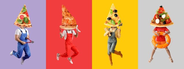 Set of people with tasty pizza slices instead of heads on color background