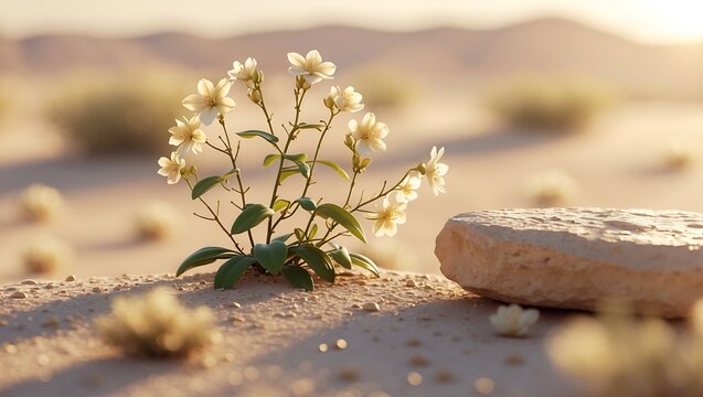 Close-up of tiny jasmine flowers beside a dry stone in an empty desert, soft golden light and shallow focus. Realistic 3D texture and natural shadows, ideal for contrast or resilience themes.