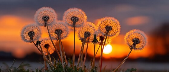 Dandelion Seed Heads Silhouetted Against Fiery Sunset Golden Hour Natures Beauty 1.