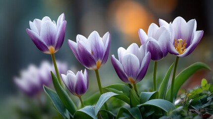 DewKissed Purple and White Tulips in Soft Focus Garden Springtime Bloom.