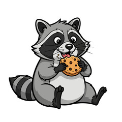 Cute Cartoon Raccoon Eating Chocolate Chip Cookie Illustration