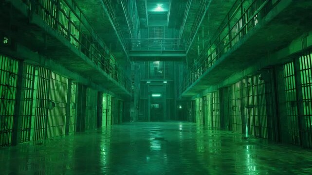 Eerie Abandoned Prison Block Green Lighting: Multi-level derelict jail corridor with rusted iron bars, dimly lit cells, and misty green haze from overhead fluorescents, dystopian incarceration theme f