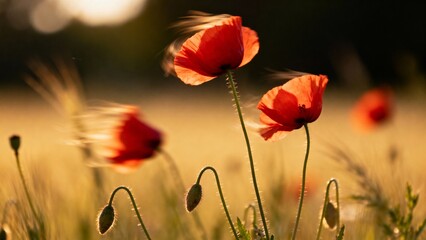 Naklejka premium Red poppy flowers swaying gently in the golden sunlight field 
