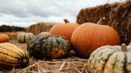 Assorted pumpkins resting on straw background in autumn setting  
