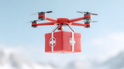 realistic scene of a delivery drone flying over a hospital helipad carrying a red emergency parcel