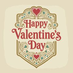 Vintage Ornamental Valentine’s Day Badge with Gold Frame and Red Hearts