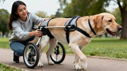 Naklejka premium Young woman assisting disabled dog with rear-wheel harness outdoors 