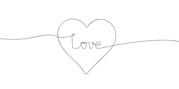 Naklejki Continuous line drawing of a heart shape with the word love inside. Minimal contour vector illustration for Valentine’s Day greeting card, romantic poster, or love concept design