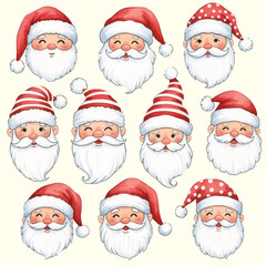 Watercolor Set of Santa Claus Head Icons and Avatars