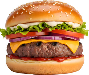 Juicy cheeseburger with fresh toppings on a sesame seed bun isolated on transparent background