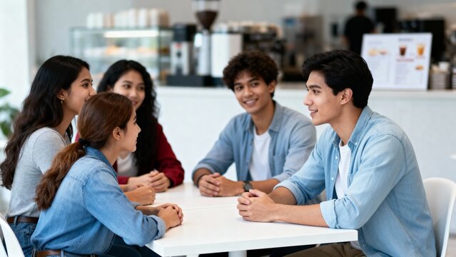 Group of friends talking and laughing together at a cafe table