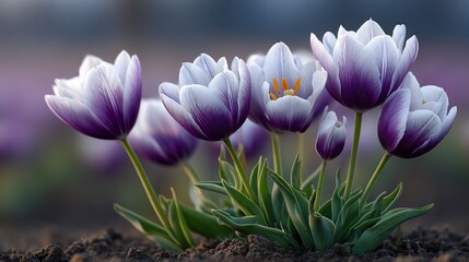 Elegant Purple and White Tulips in Soft Focus Spring Garden Bloom.