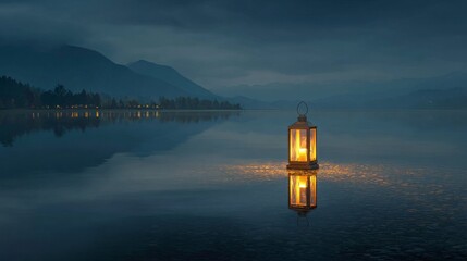 A glowing lantern sits peacefully on still lake water, reflecting its warm light amidst a misty, mountainous backdrop