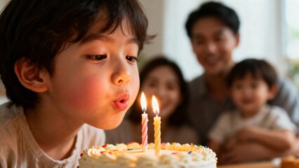 Young Asian boy blowing out birthday candles on cake with family  