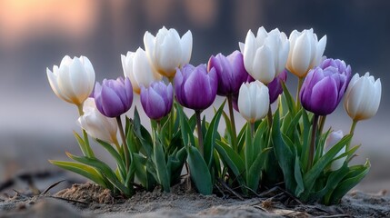 Elegant Tulip Display White and Purple Blooms with Dew Drops.