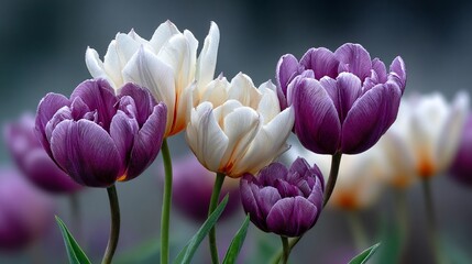 Exquisite DewKissed Tulips Purple and White Blooms in Soft Focus.