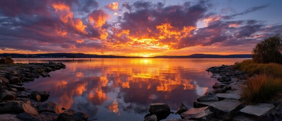 Fiery Sunset Reflection Lake Landscape with Dramatic Clouds and Calm Waters.