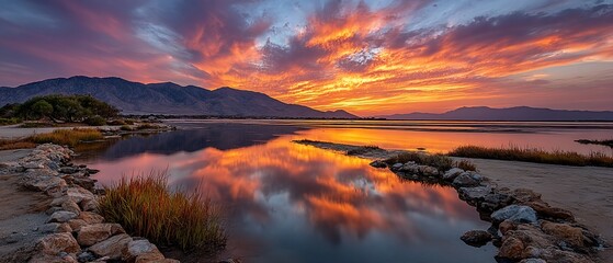 Fiery Sunset Reflection Over Calm Lake Mountains Silhouetted Dramatic Sky.